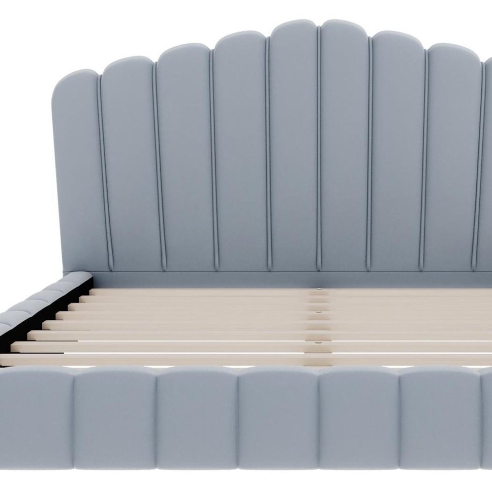 Light Blue Solid Wood And Tufted Velvet Upholstered Queen Bed Frame