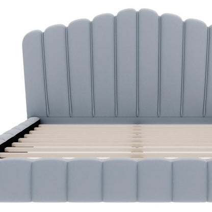 Light Blue Solid Wood And Tufted Velvet Upholstered Queen Bed Frame