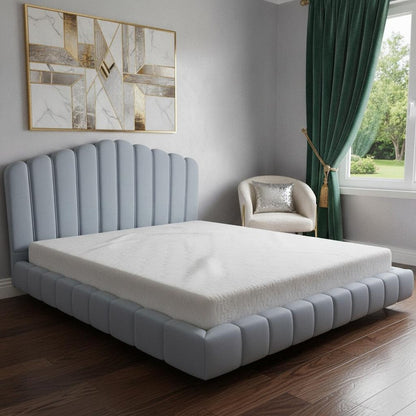 Light Blue Solid Wood And Tufted Velvet Upholstered Queen Bed Frame