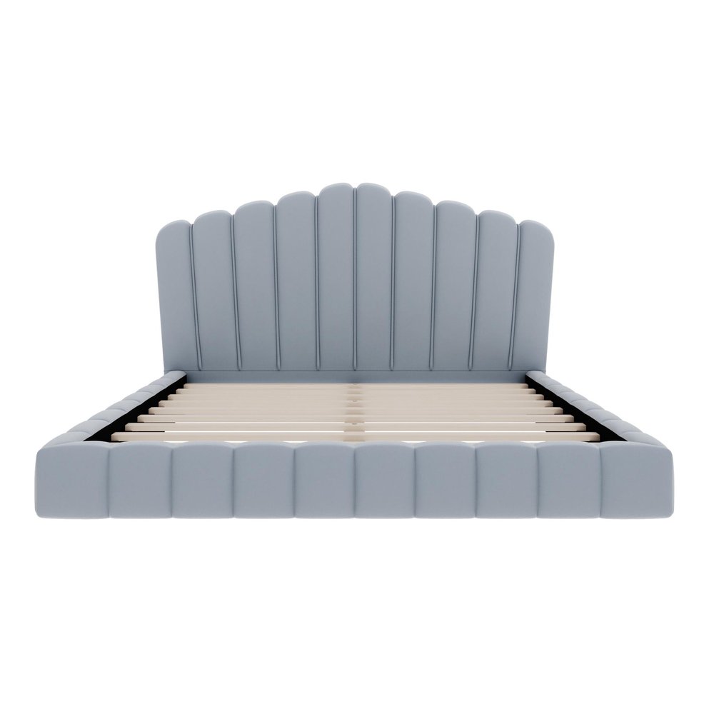Light Blue Solid Wood And Tufted Velvet Upholstered Queen Bed Frame