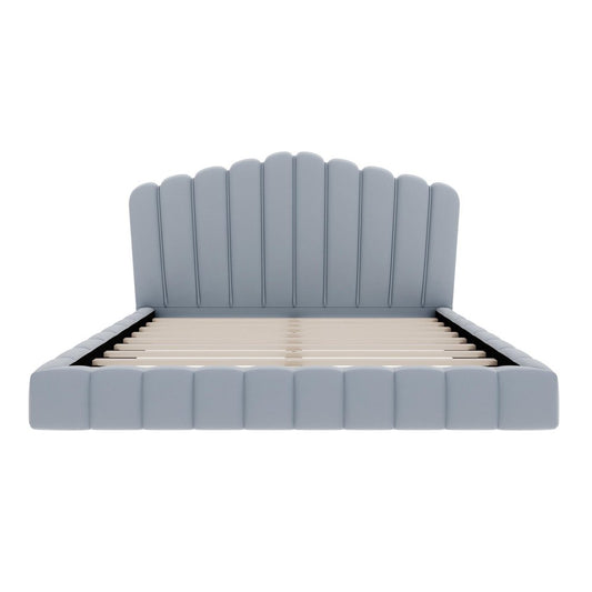 Light Blue Tufted Velvet Scallop Shell Upholstered Queen Bed Frame