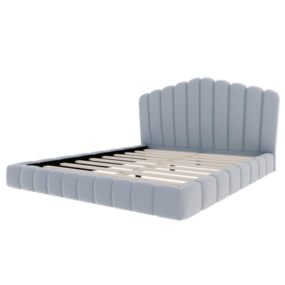 Light Blue Solid Wood And Tufted Velvet Upholstered Queen Bed Frame