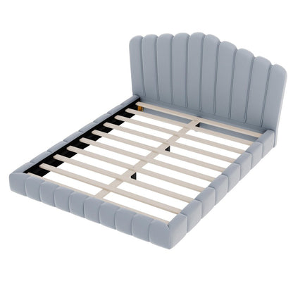 Light Blue Solid Wood And Tufted Velvet Upholstered Queen Bed Frame
