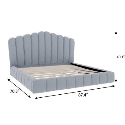 Light Blue Solid Wood And Tufted Velvet Upholstered Queen Bed Frame