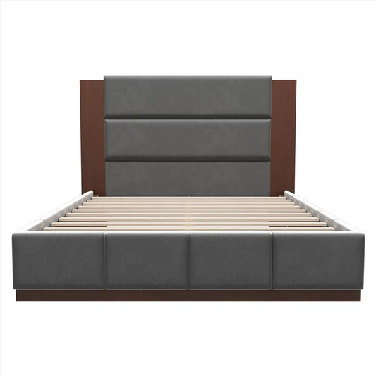 Brown And Gray Solid Wood And Tufted Velvet Upholstered Queen Bed Frame