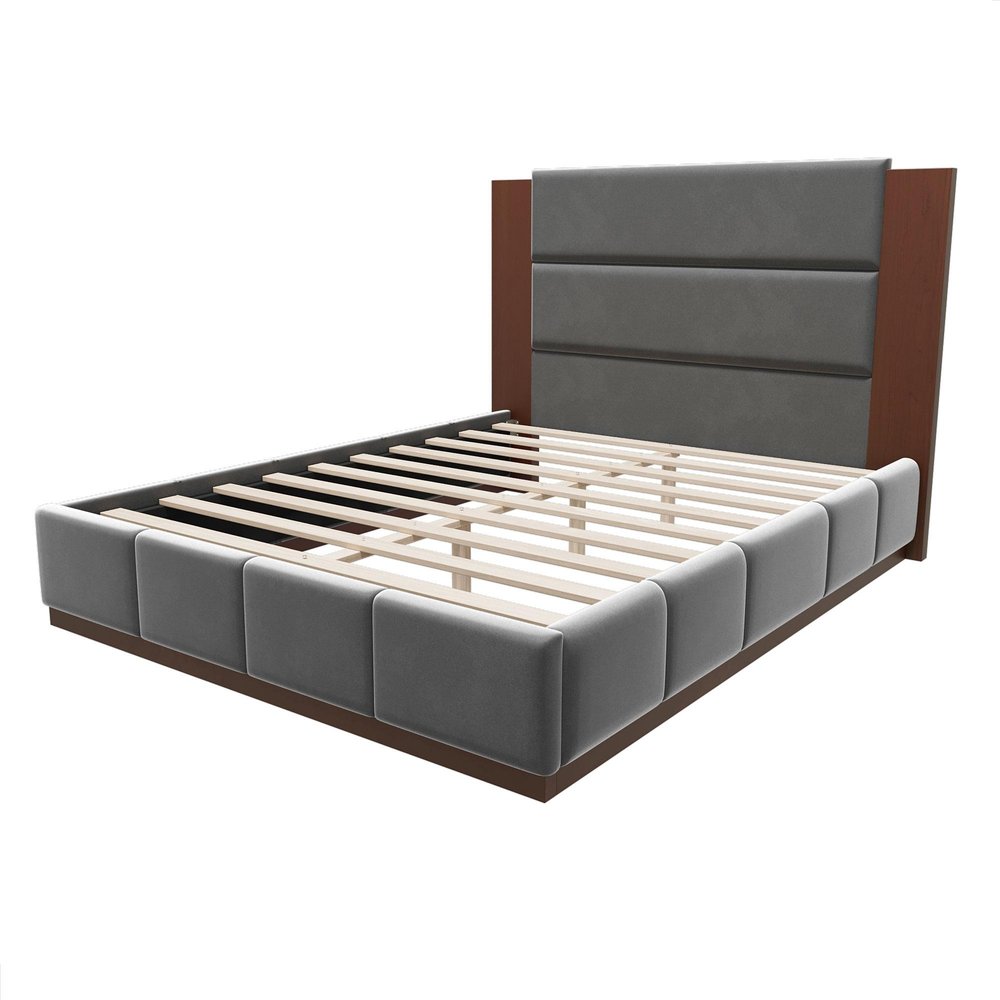 Gray Solid Wood And Tufted Velvet Upholstered Queen Bed Frame