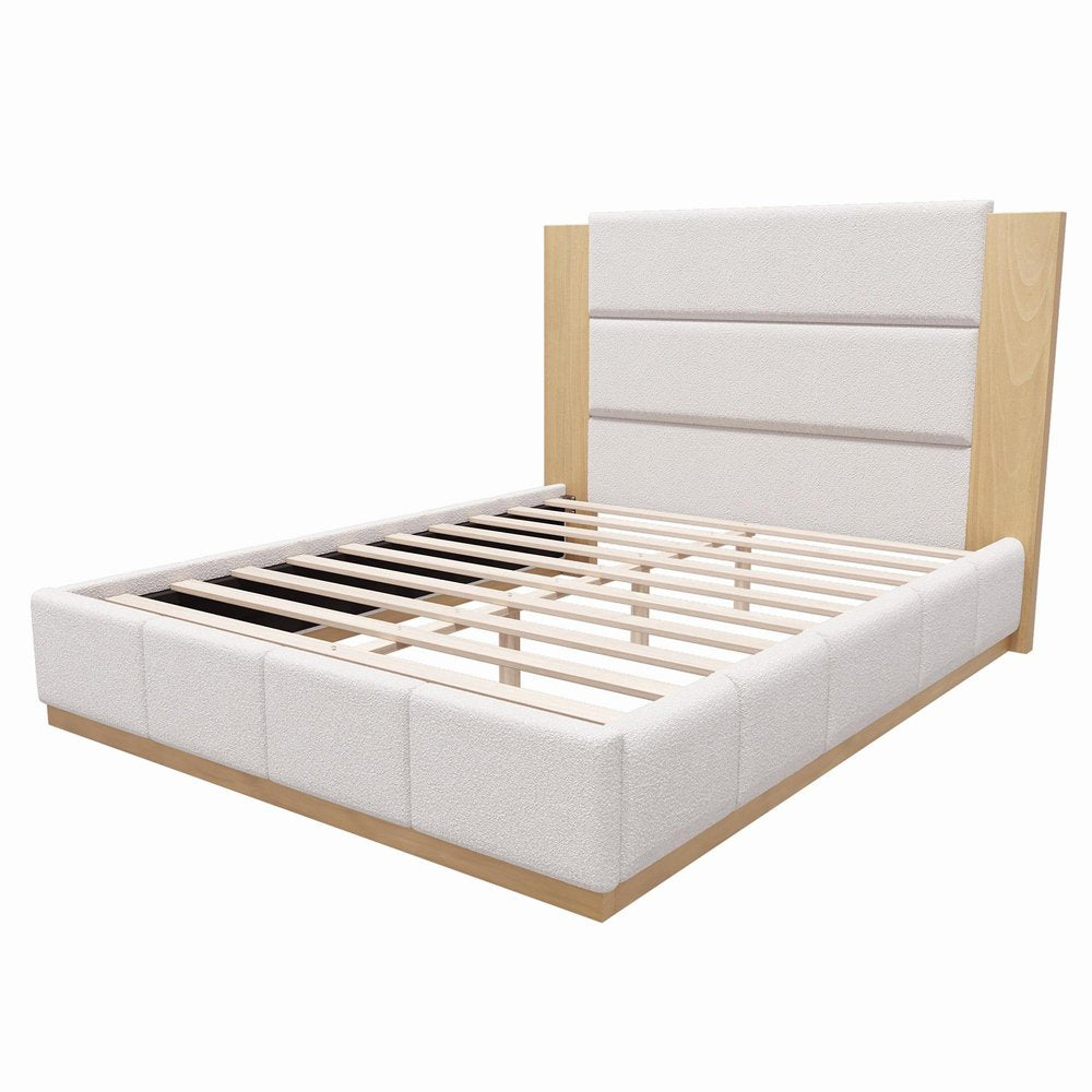 White Solid Wood And Tufted Velvet Upholstered Queen Bed Frame