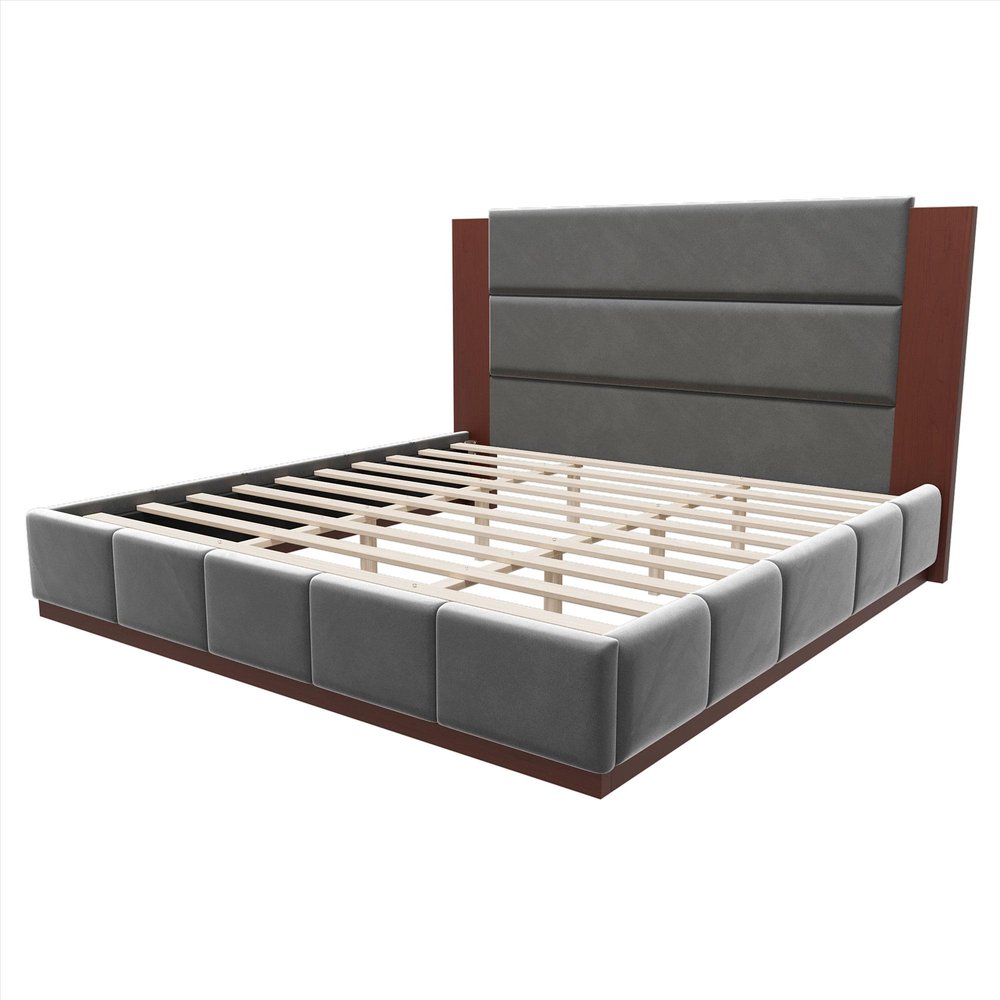 Gray Solid Wood And Tufted Velvet Upholstered Queen Bed Frame