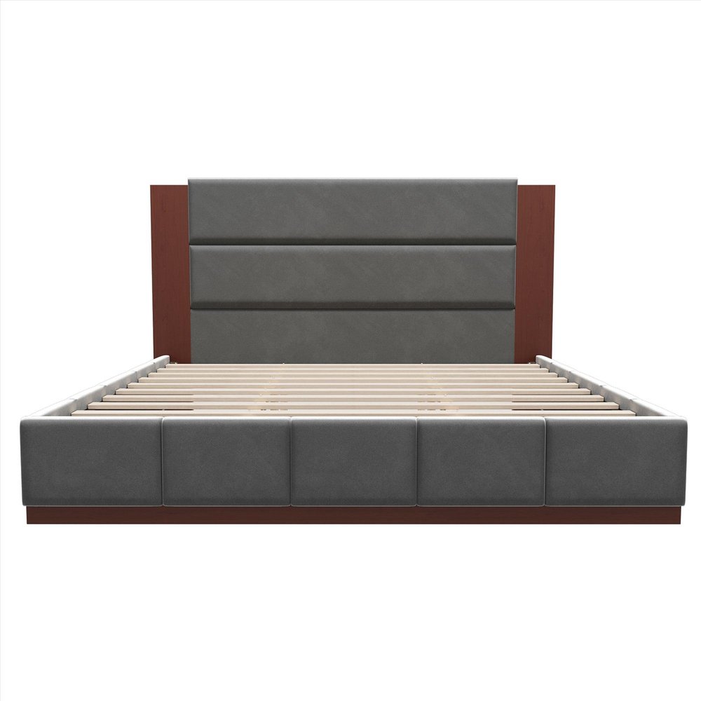 Brown And Gray Solid Wood And Tufted Velvet Upholstered Queen Bed Frame