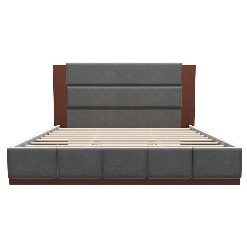 Gray Solid Wood And Tufted Velvet Upholstered Queen Bed Frame