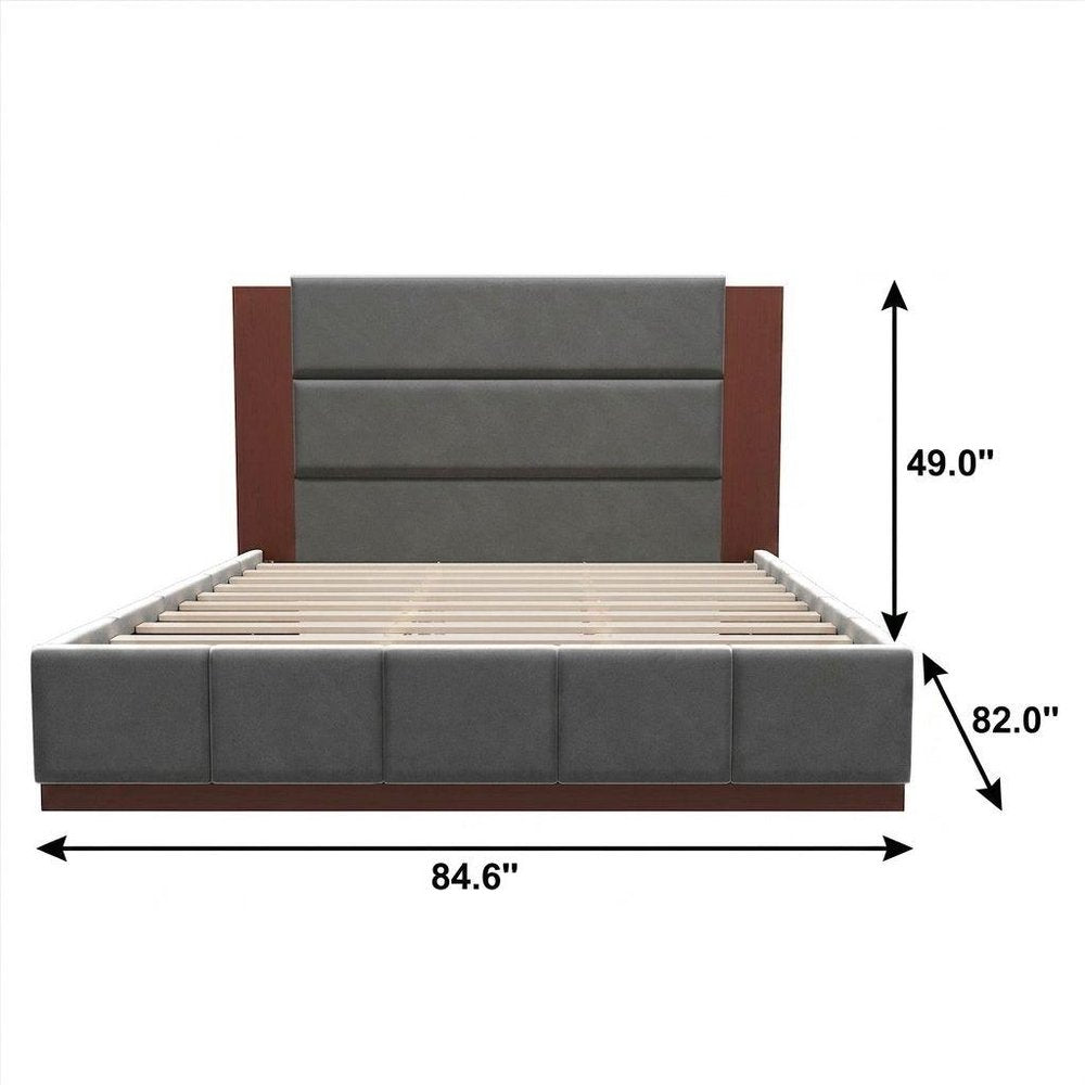 Gray Solid Wood And Tufted Velvet Upholstered Queen Bed Frame
