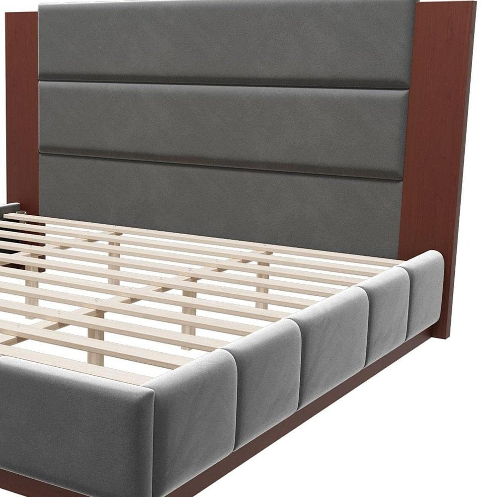 Gray Solid Wood And Tufted Velvet Upholstered Queen Bed Frame