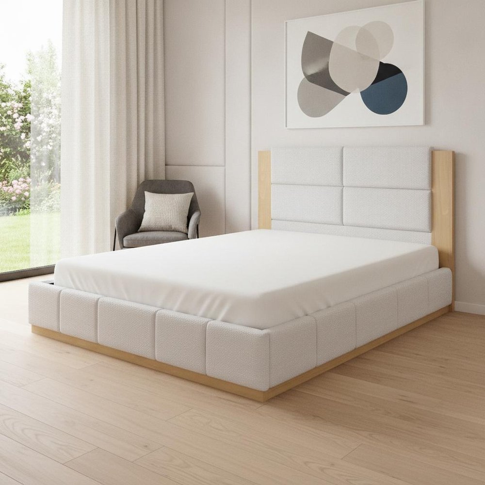 White Solid Wood And Tufted Velvet Upholstered Queen Bed Frame