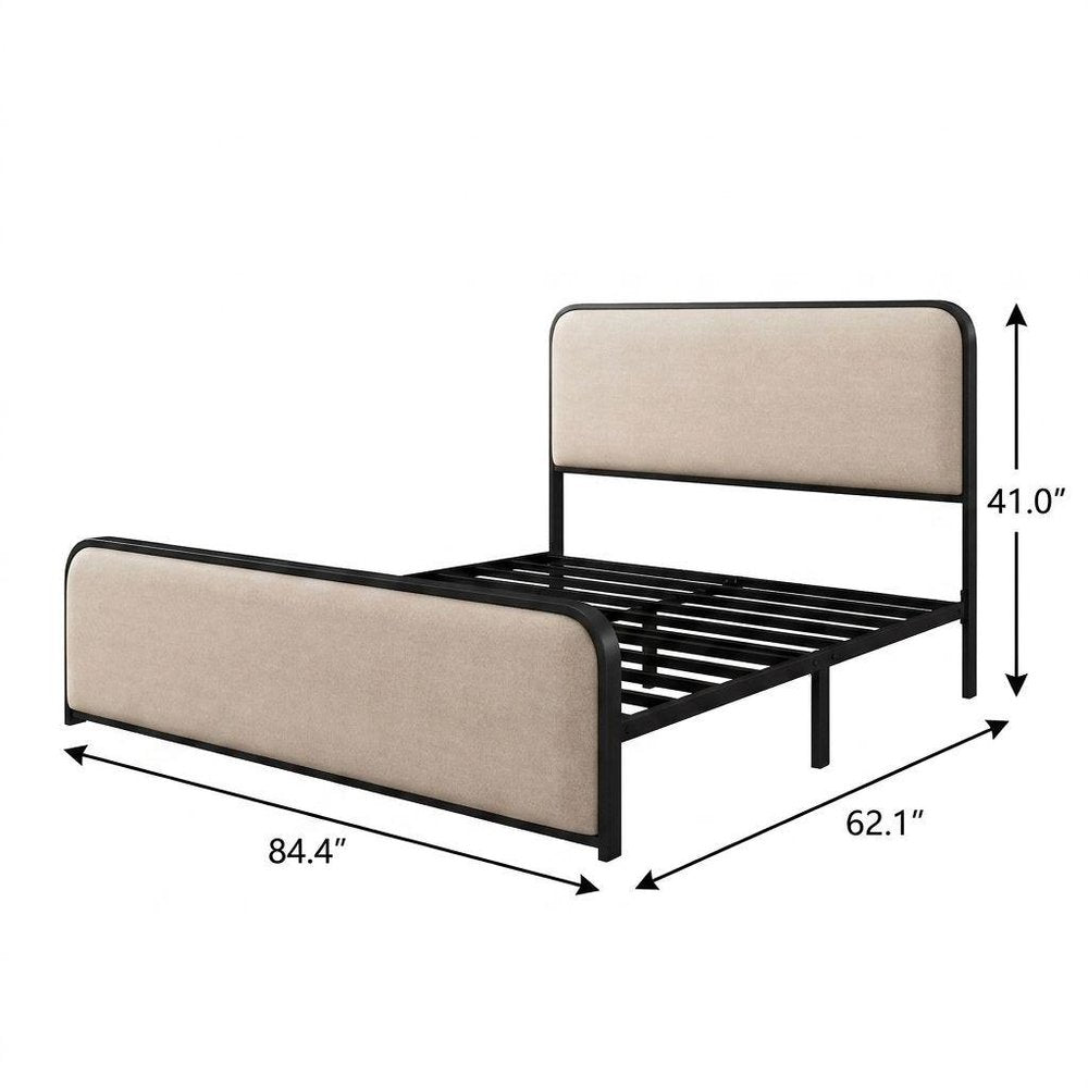 Black And Beige Metal And Linen Upholstered Queen Bed Frame