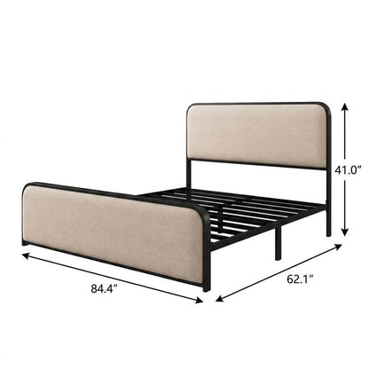 Black And Beige Metal And Linen Upholstered Queen Bed Frame