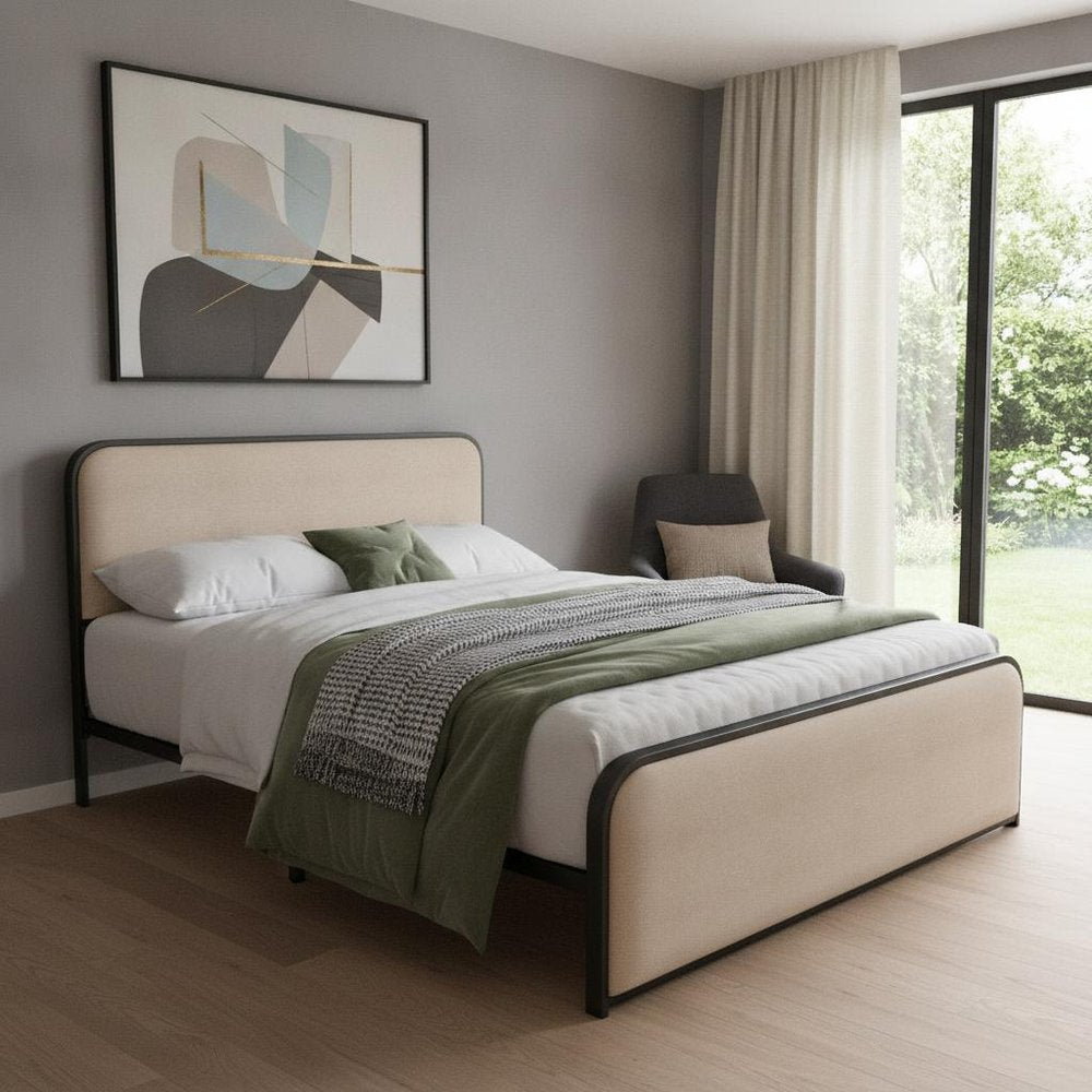 Black And Beige Metal And Linen Upholstered Queen Bed Frame