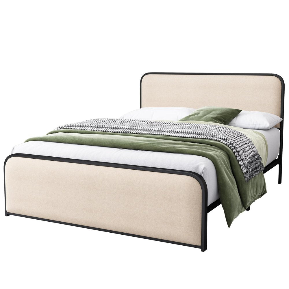 Black And Beige Metal And Linen Upholstered Queen Bed Frame