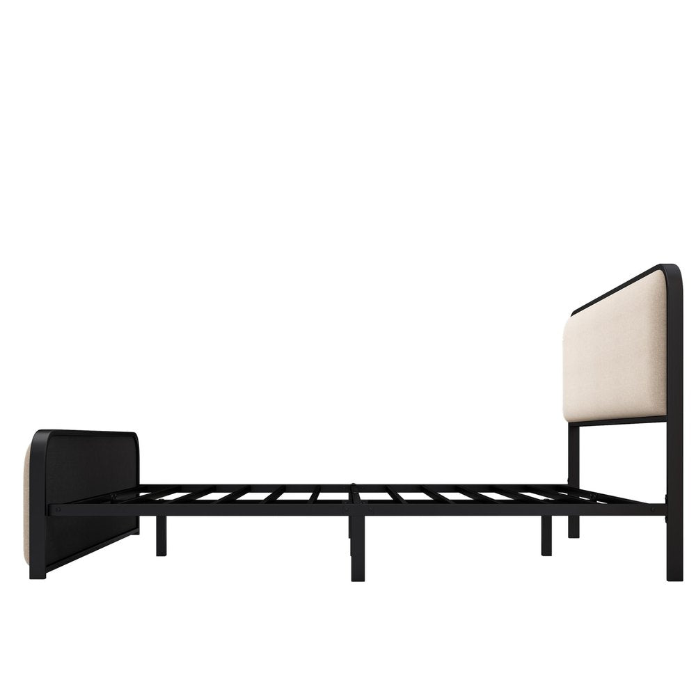 Black And Beige Metal And Linen Upholstered Queen Bed Frame