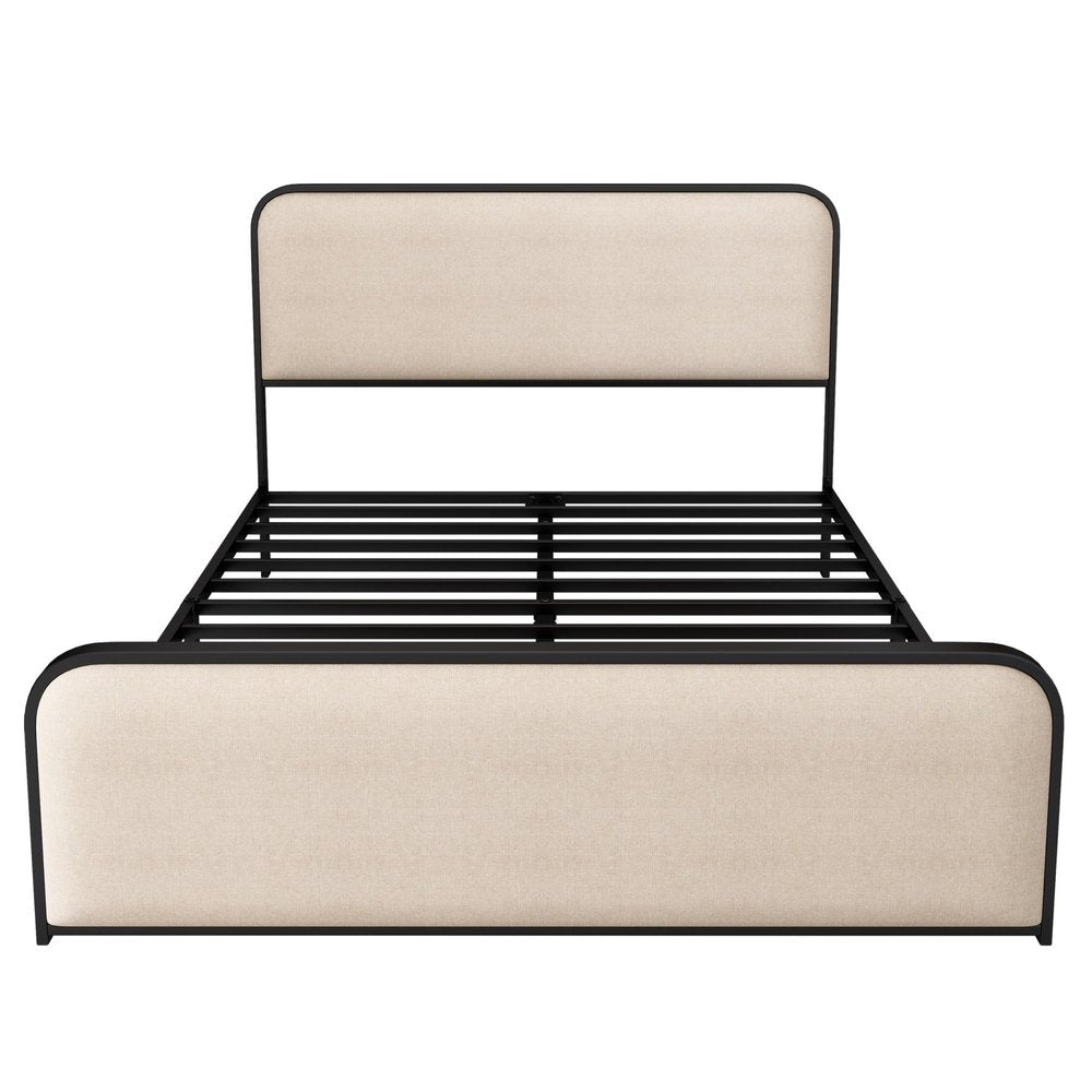 Black And Beige Metal And Linen Upholstered Queen Bed Frame