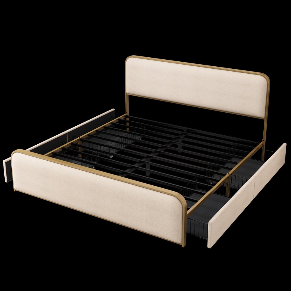 Gold And Beige Metal And Linen Upholstered King Bed Frame