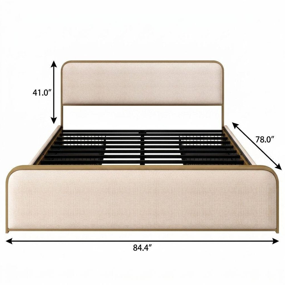 Gold And Beige Metal And Linen Upholstered King Bed Frame