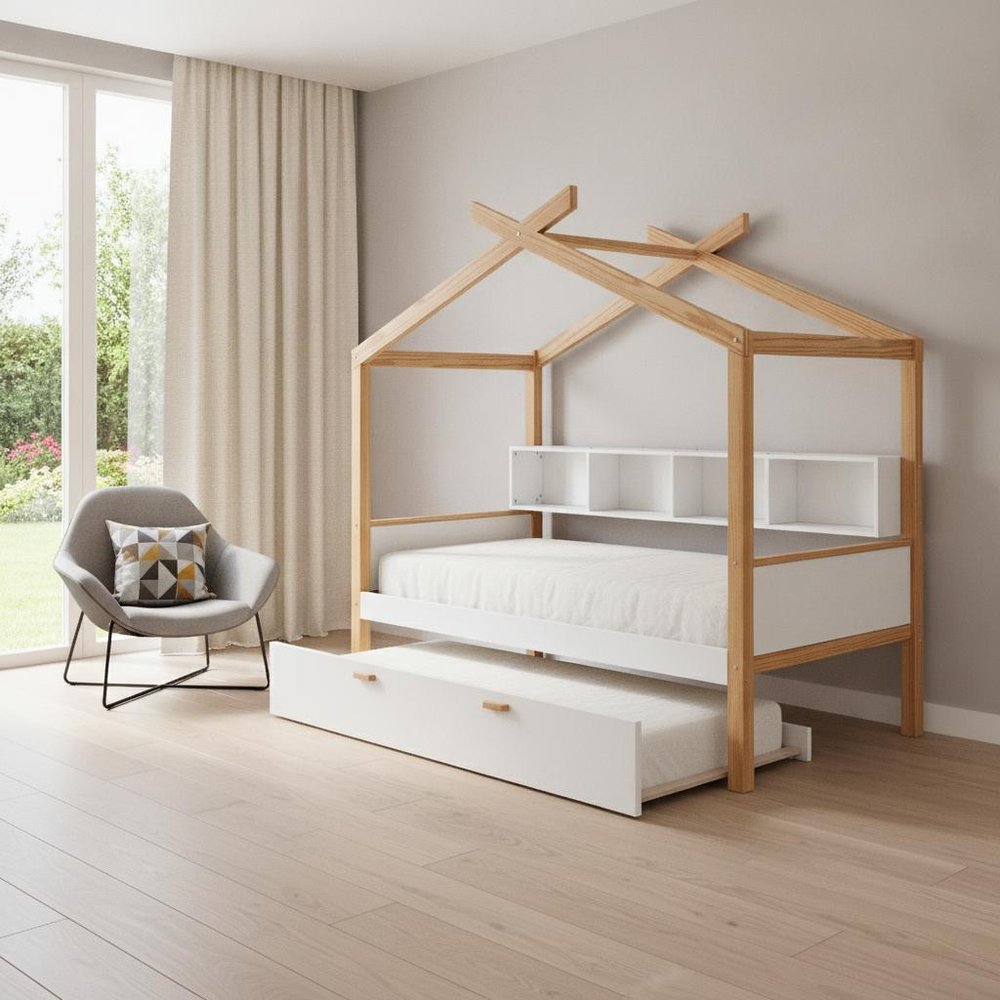 Natural Solid Wood Twin House Bed