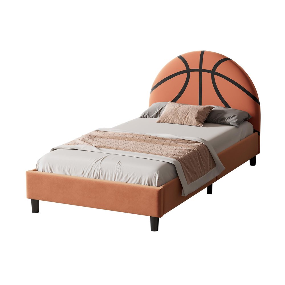 Orange Solid Wood And Tufted Velvet Upholstered Twin Bed Frame