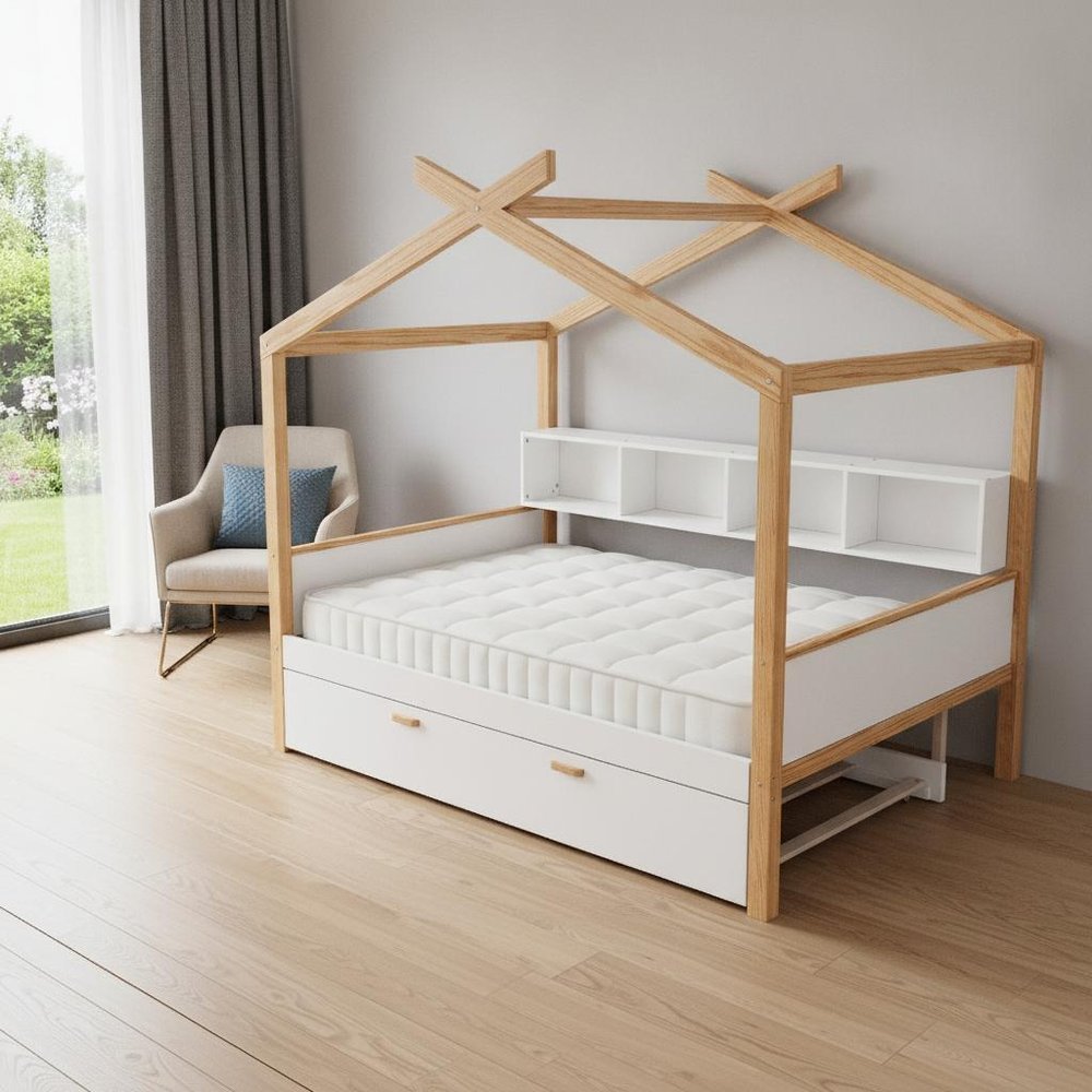 Natural Solid Wood Full House Bed