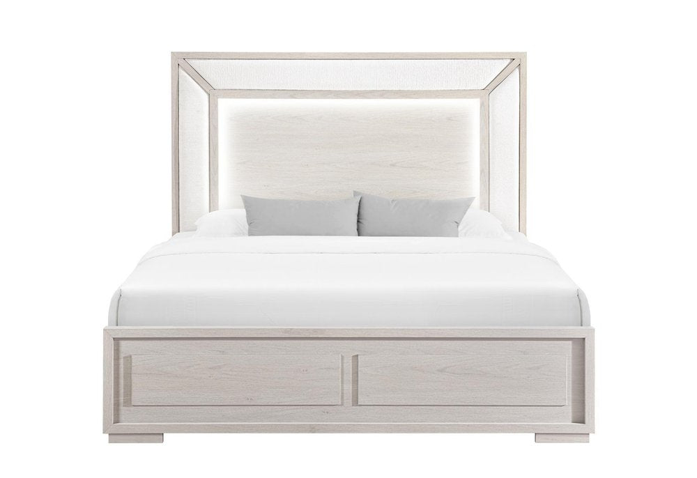 Beige Wood And Upholstery Lighted Upholstered Full Bed Frame