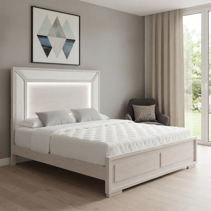 Beige Wood And Upholstery Lighted Upholstered Full Bed Frame