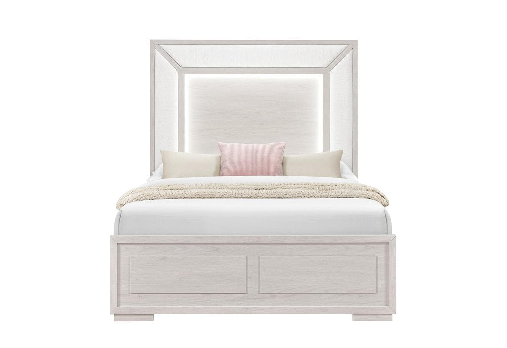 Beige Wood And Upholstery Lighted Upholstered Queen Bed Frame