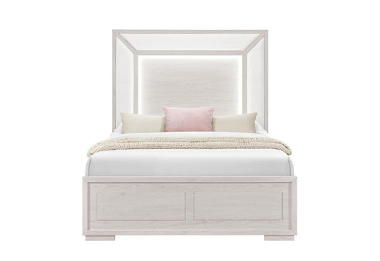 Beige Wood And Upholstery Lighted Upholstered Queen Bed Frame