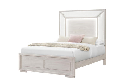 Beige Wood And Upholstery Lighted Upholstered Queen Bed Frame