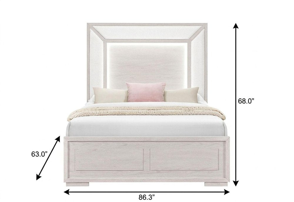 Beige Wood And Upholstery Lighted Upholstered Queen Bed Frame