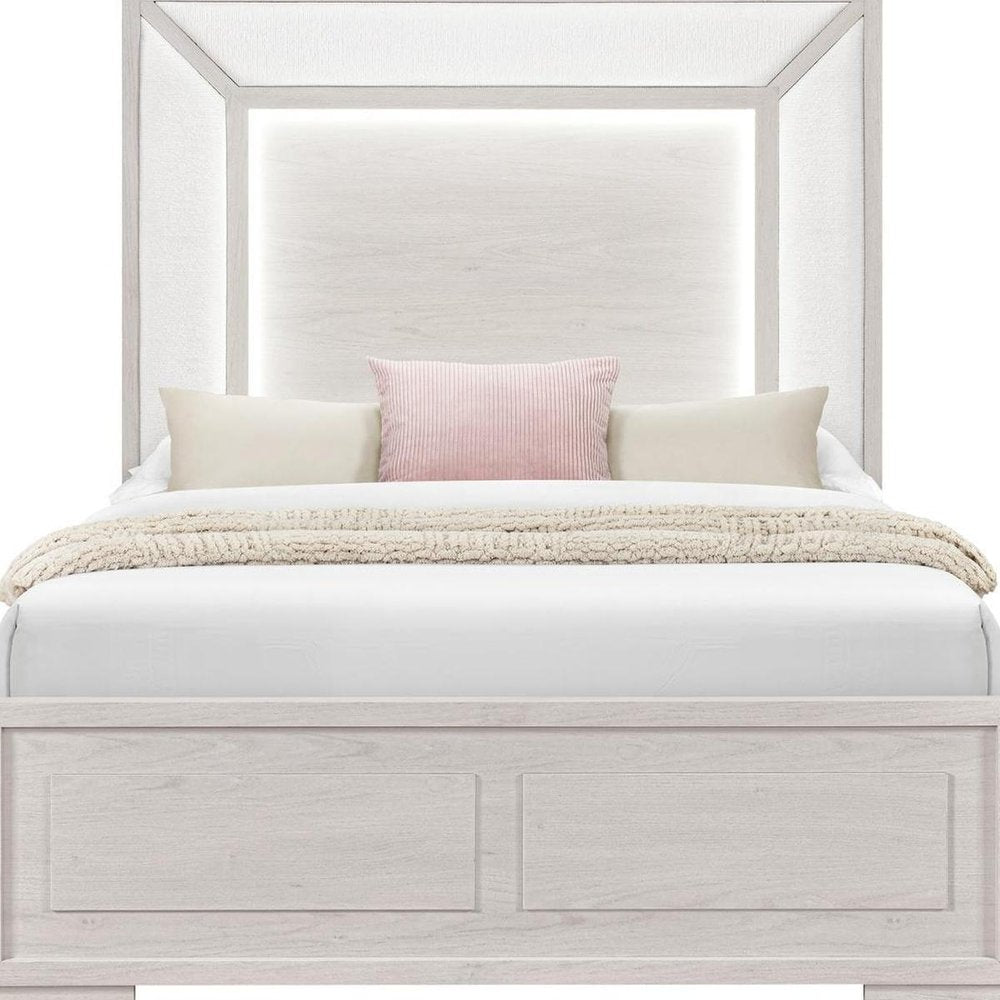 Beige Wood And Upholstery Lighted Upholstered Queen Bed Frame