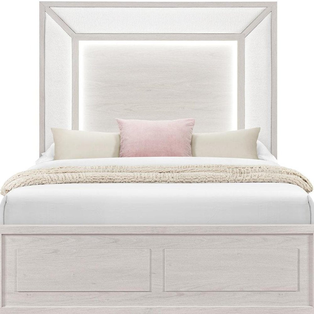 Beige Wood And Upholstery Lighted Upholstered Queen Bed Frame