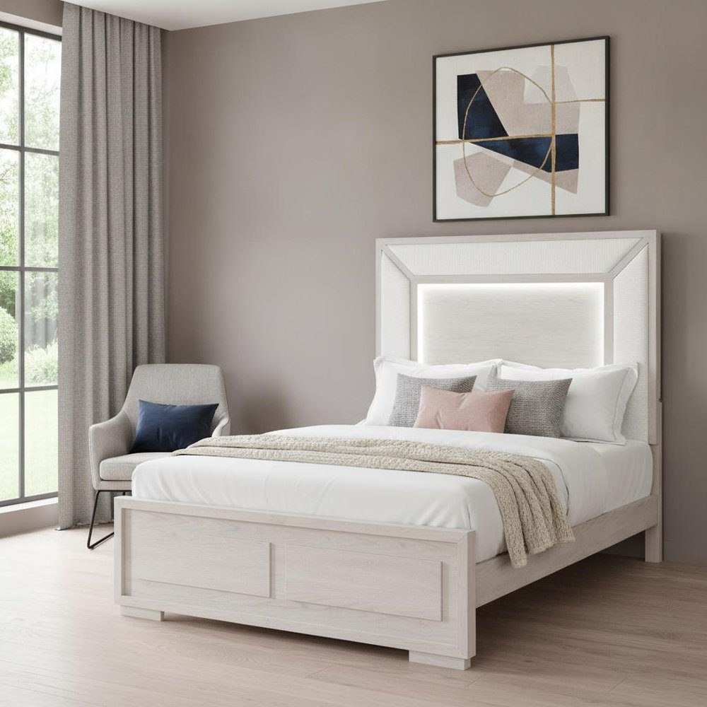 Beige Wood And Upholstery Lighted Upholstered Queen Bed Frame
