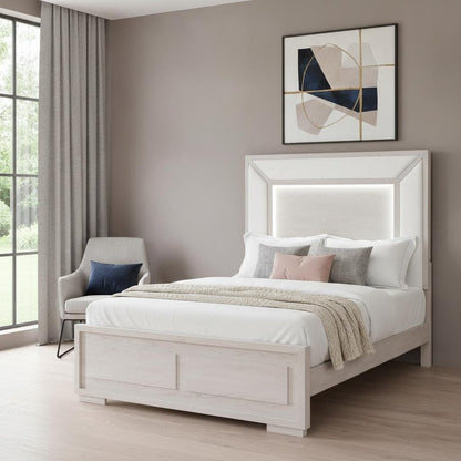Beige Wood And Upholstery Lighted Upholstered Queen Bed Frame