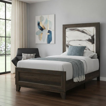 Brown Wood And Upholstery Lighted Upholstered Twin Bed Frame