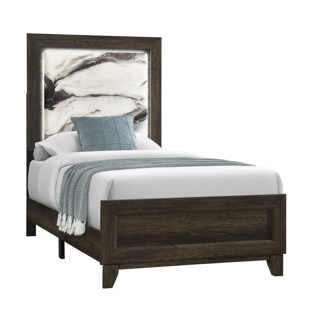 Brown Wood And Upholstery Lighted Upholstered Twin Bed Frame