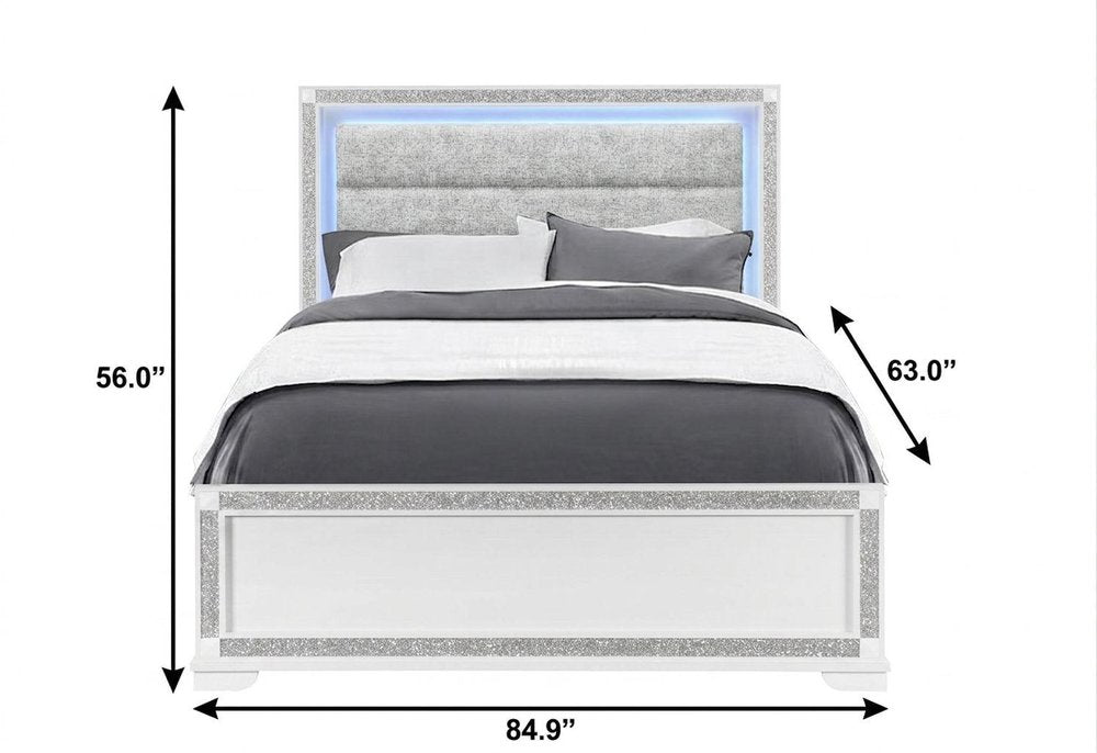 White Faux Crystal Bling Wood Lighted Queen Bed Frame