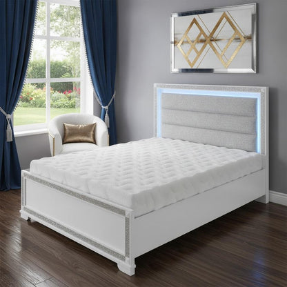 White Faux Crystal Bling Wood Lighted Queen Bed Frame