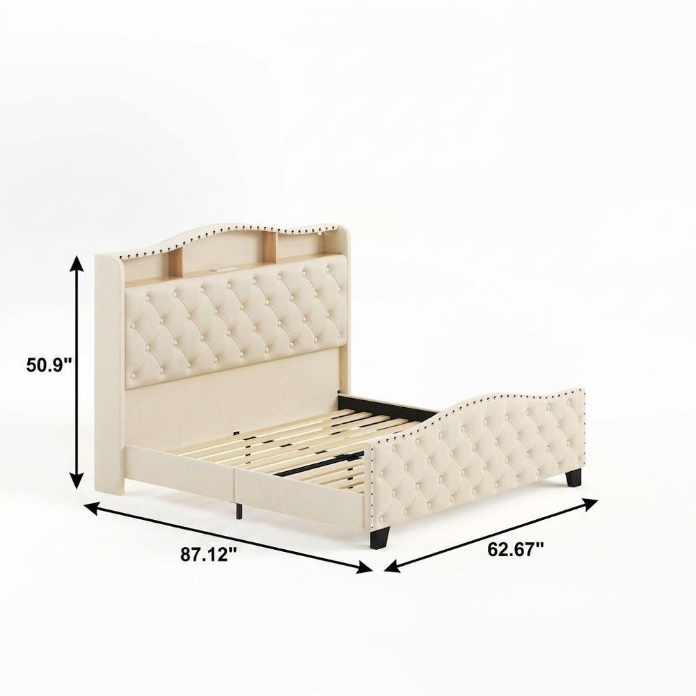 Beige Tufted Velvet Upholstered Queen Bed Frame With Lights USB And Shelves
