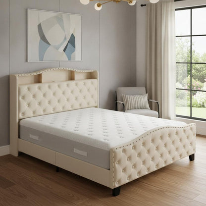 Beige Tufted Velvet Upholstered Queen Bed Frame With Lights USB And Shelves
