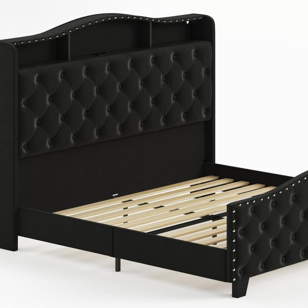 Black Tufted Velvet Upholstered Queen Bed Frame With Lights USB And Shelves