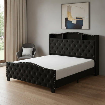 Black Tufted Velvet Upholstered Queen Bed Frame With Lights USB And Shelves
