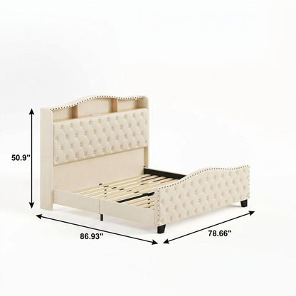 Beige Tufted Velvet Upholstered Queen Bed Frame With Lights USB And Shelves