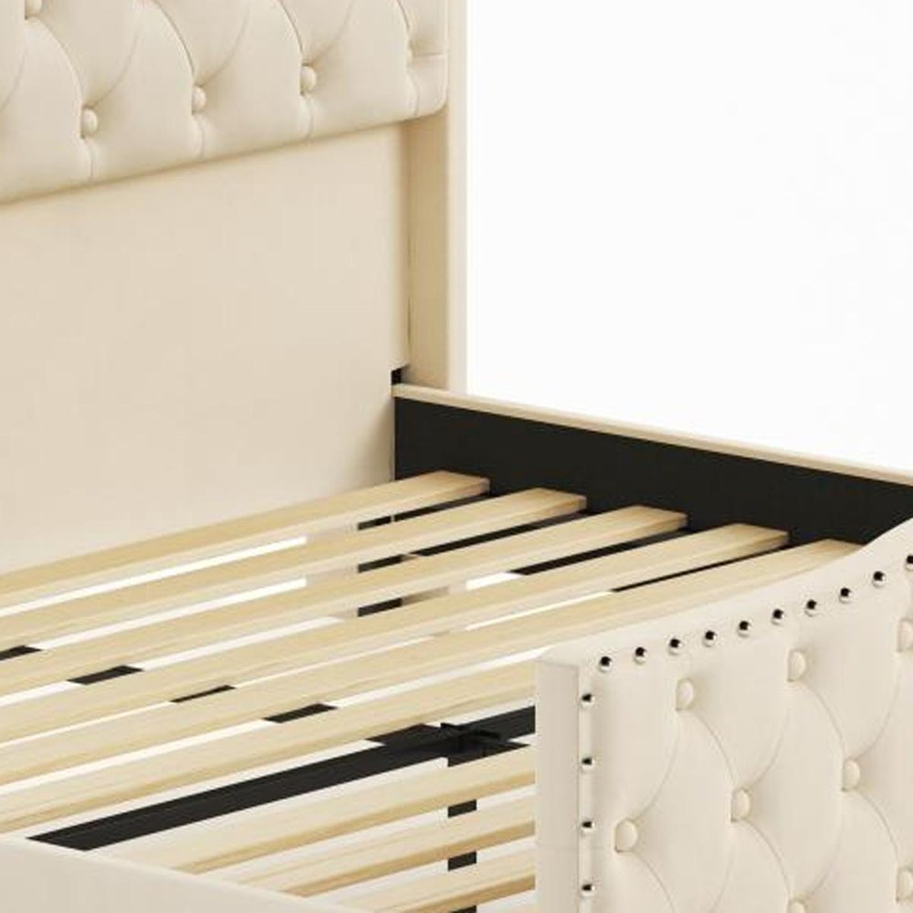 Beige Tufted Velvet Upholstered Queen Bed Frame With Lights USB And Shelves