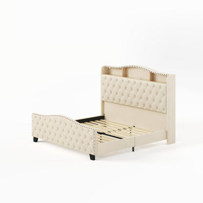 Beige Tufted Velvet Upholstered Queen Bed Frame With Lights USB And Shelves