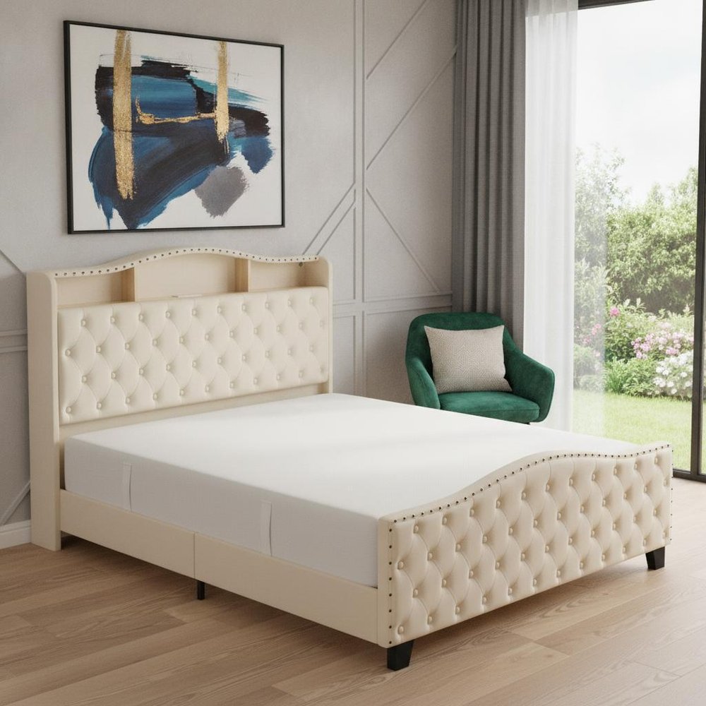 Beige Tufted Velvet Upholstered Queen Bed Frame With Lights USB And Shelves